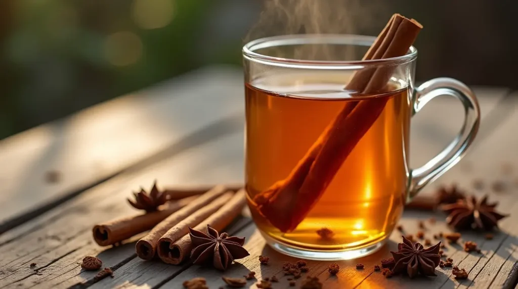 A steaming cup of homemade cinnamon stick tea in a glass mug with cinnamon sticks, star anise, and tea leaves on a rustic wooden table.