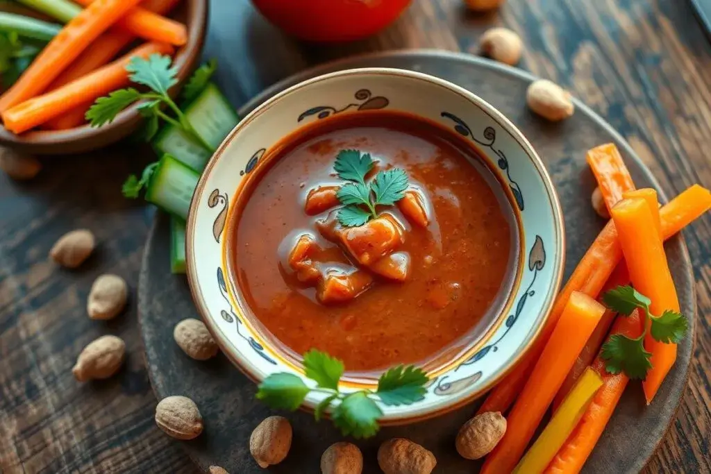 A hyper-realistic photo of tiger sauce in a ceramic bowl, surrounded by fresh vegetables and peanuts.