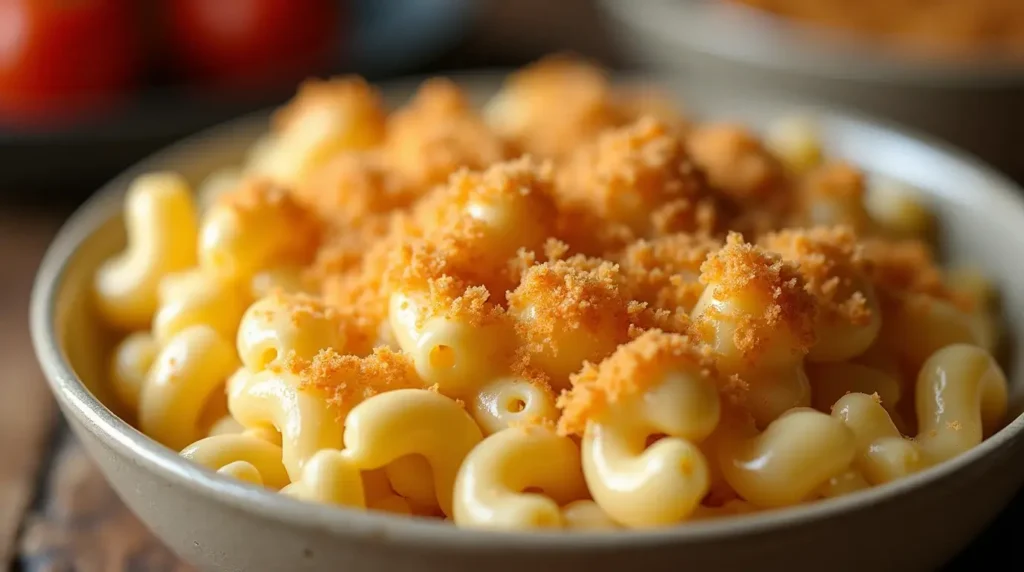 Close-up of white cheddar mac and cheese with a crunchy golden breadcrumb topping.