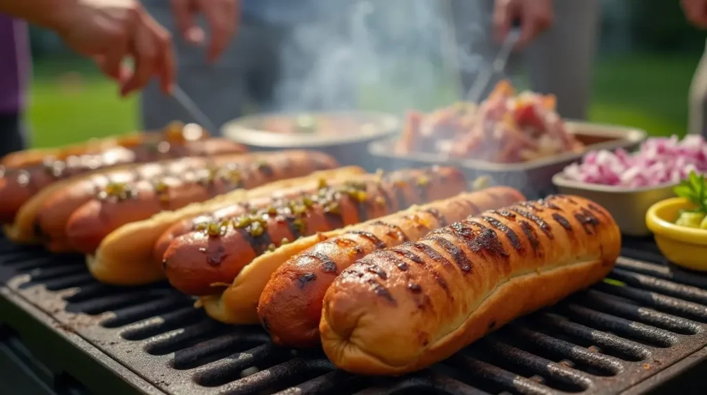 Grilled turkey hot dogs with smoky grill marks on a barbecue, surrounded by toppings like onions and mustard, in a sunny outdoor setting.