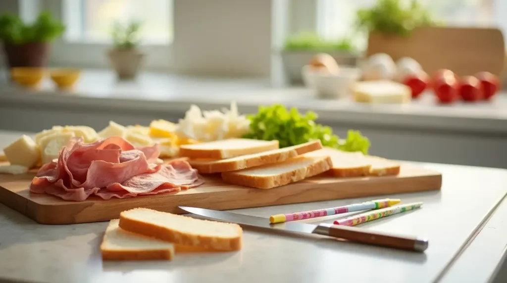 Essential tools for making a Dagwood Sandwich, including a cutting board, bread knife, skewers, and small condiment bowls, with sandwich ingredients arranged on a bright kitchen counter.