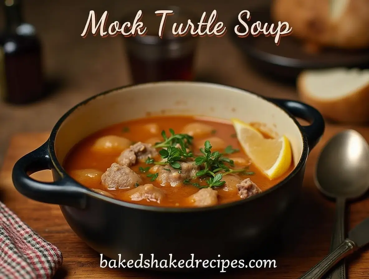 A bowl of mock turtle soup with tender meat and herbs, served on a rustic table with crusty bread and a glass of sherry.