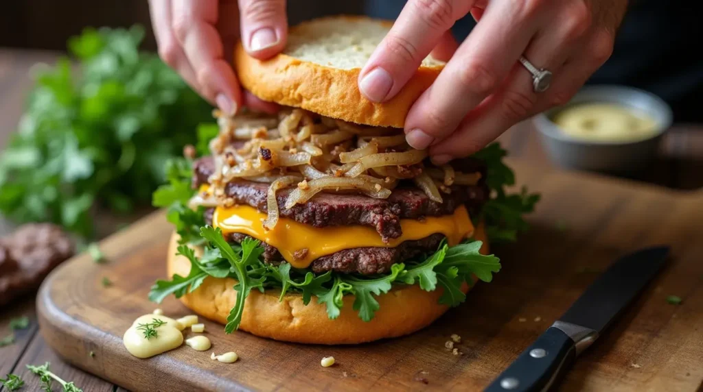 Chef layering tri tip sandwich ingredients including steak slices, arugula, caramelized onions, cheese, and aioli on a toasted ciabatta roll.