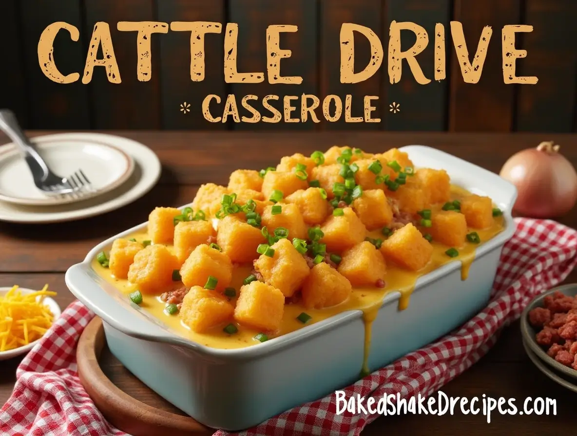 Cattle Drive Casserole: 15 Must-Know Hacks for the Best Dinner Ever 1 Freshly baked cattle drive casserole topped with golden tater tots and garnished with green onions, served in a rustic kitchen setting.