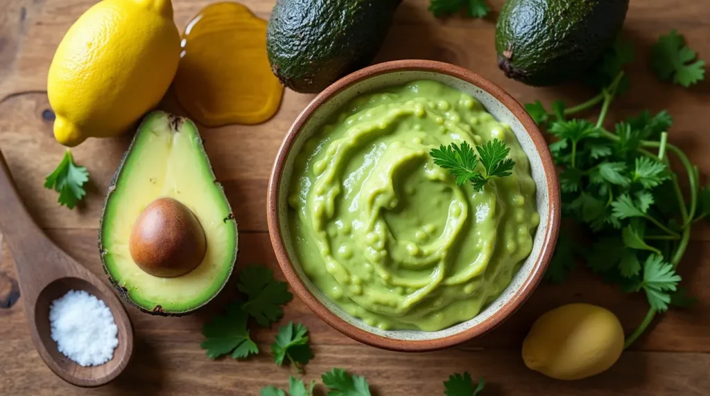 Main components for avocado spread recipe: ripe avocados, lemon, olive oil, salt, and fresh herbs arranged on a wooden surface.