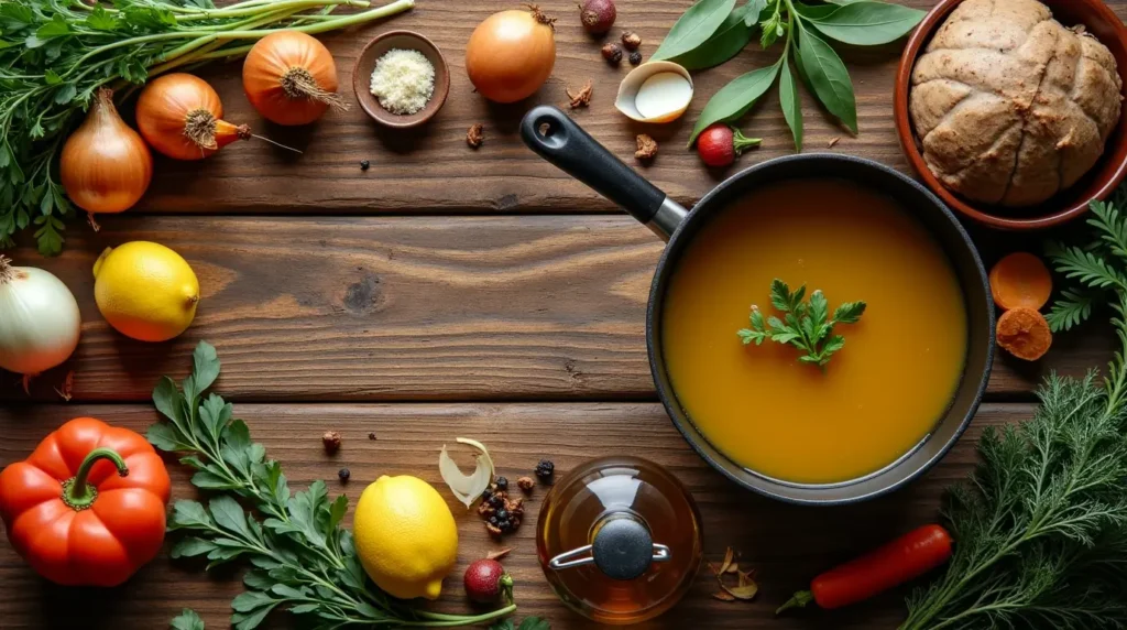 Essential ingredients for authentic mock turtle soup, featuring vegetables, herbs, sherry, and a pot of golden broth on a rustic wooden table.