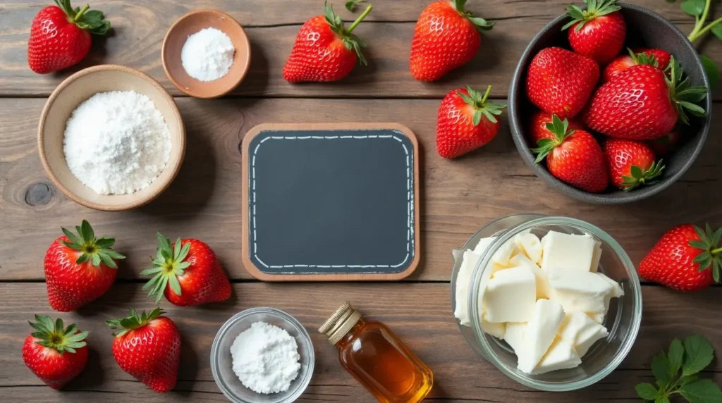 Fresh ingredients for strawberry cream cheese recipe, including strawberries, cream cheese, powdered sugar, and vanilla extract, with nutritional information displayed on a chalkboard.