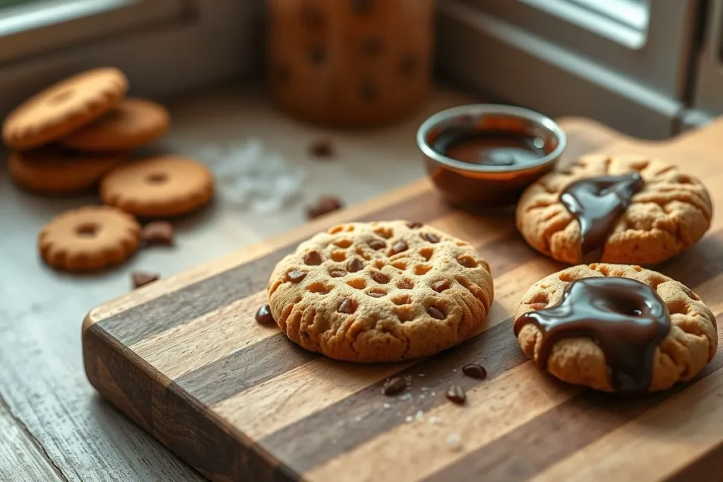 A close-up of a delicious chocolate wafer cookie on a wooden cutting board