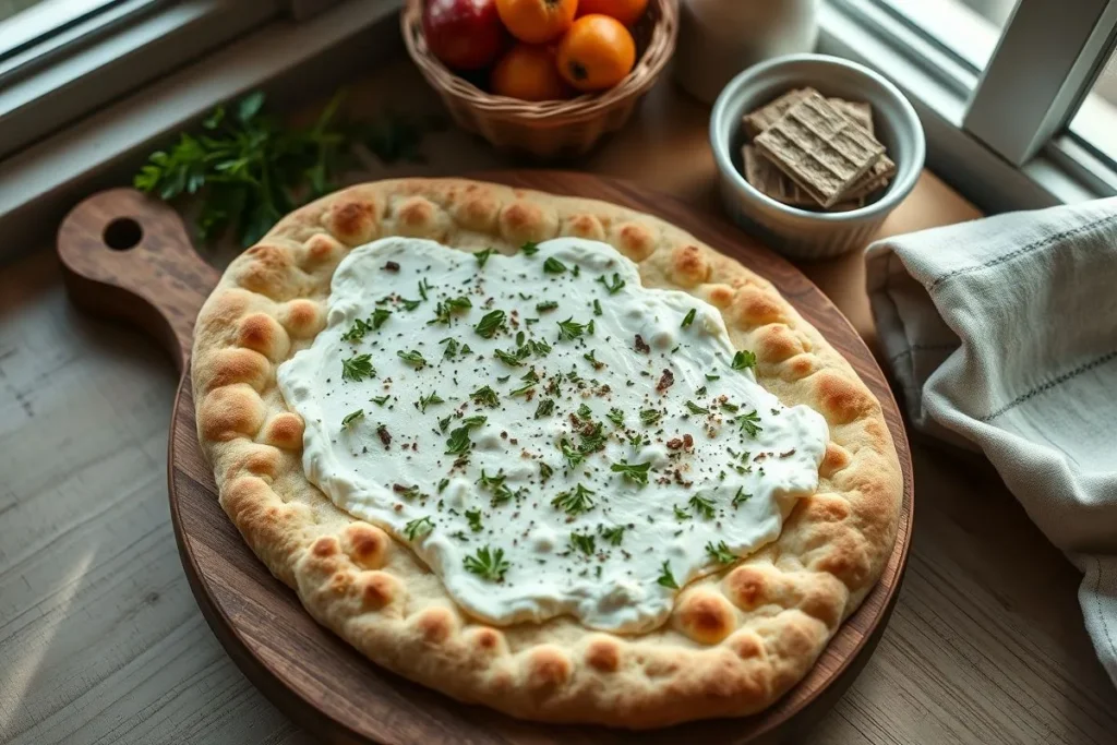 A delicious cottage cheese flatbread on a wooden cutting board with fresh herbs and fruit