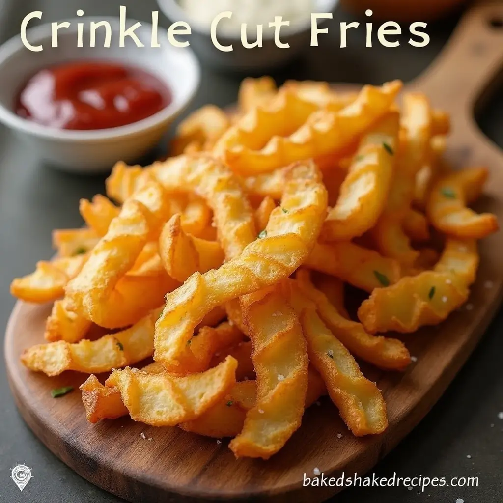 A plate of golden, crispy crinkle cut fries served with ketchup and aioli on a rustic wooden board, styled in a warm kitchen setting.