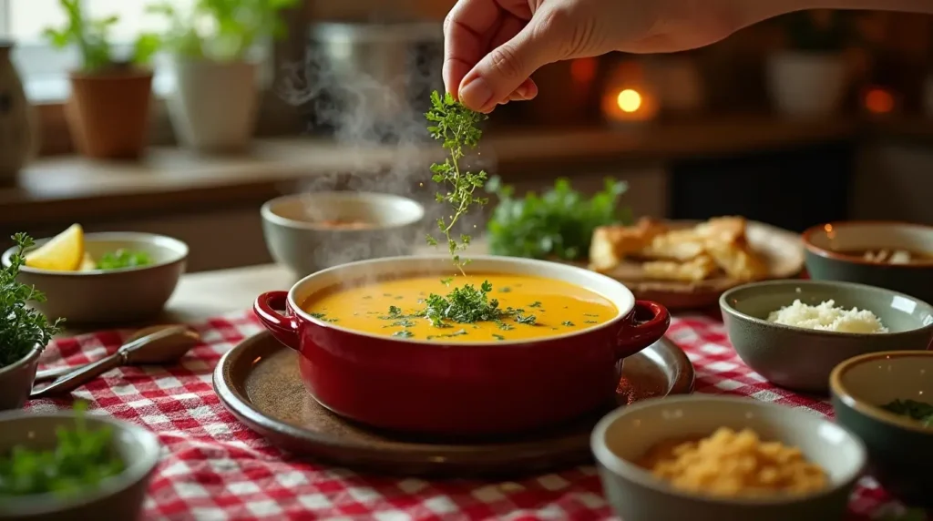 A bowl of mock turtle soup with creative garnishes like lemon wedges, fresh herbs, and nutmeg, showcasing unique twists to the recipe.