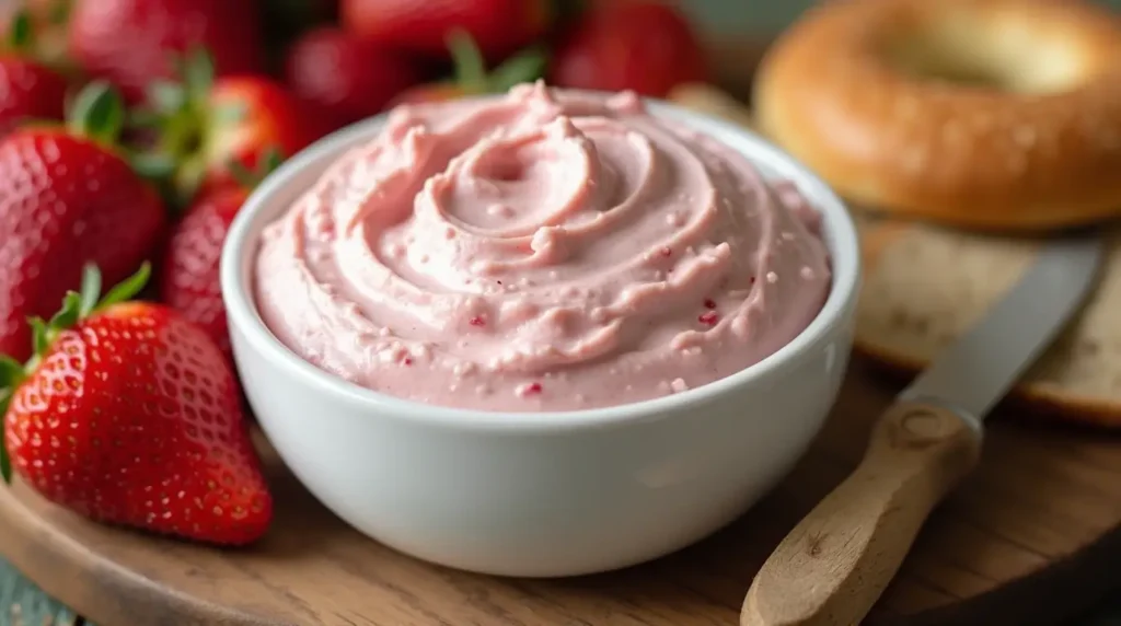 Close-up of homemade strawberry cream cheese spread in a bowl, surrounded by fresh strawberries and a toasted bagel, perfect for breakfast or snacks