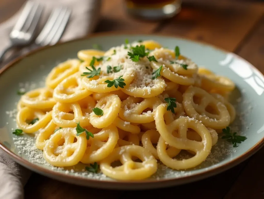 A close-up of creamy garlic Parmesan wagon wheel pasta garnished with fresh parsley and Parmesan cheese, served on a white plate with a rustic wooden background.