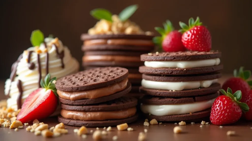 Chocolate wafer cookies with a variety of toppings and fillings including whipped cream, crushed nuts, and fresh berries.