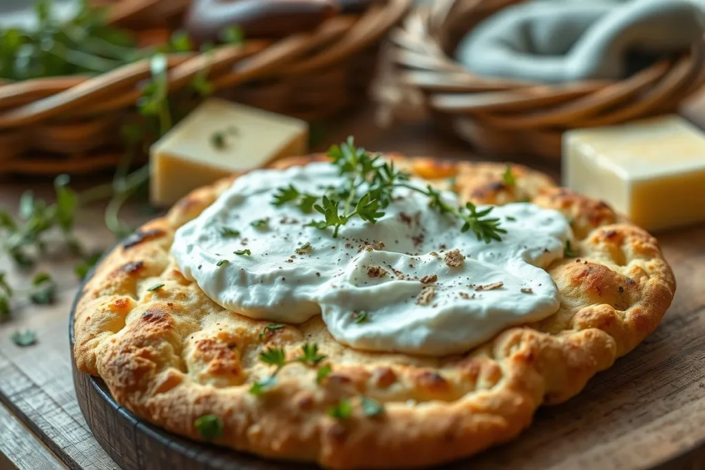 Delicious cottage cheese flatbread on a woven basket with fresh herbs and a pat of butter