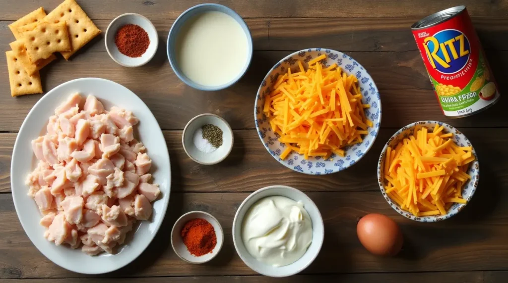 Million Dollar Chicken Casserole: 5 Easy Steps for the Ultimate Recipe 2 Flat-lay of key ingredients for a million dollar chicken casserole: shredded chicken, cream cheese, sour cream, Ritz crackers, shredded cheddar cheese, canned chicken soup, and spices, arranged on a rustic wooden surface.