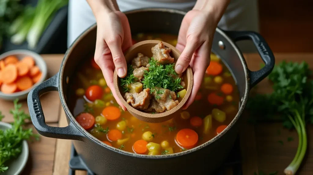 Chef adding meat and vegetables to a pot of mock turtle soup, with a golden brown broth and fresh herbs on a wooden countertop.