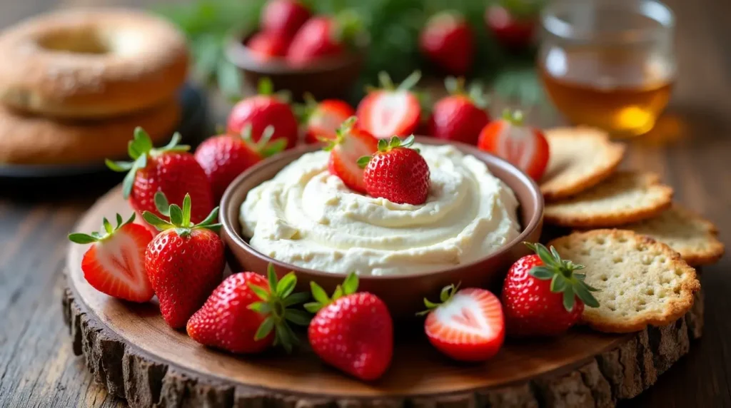 Delicious pairing ideas for strawberry cream cheese, including bagels, crackers, fresh strawberries, and honey, beautifully arranged on a rustic wooden table.