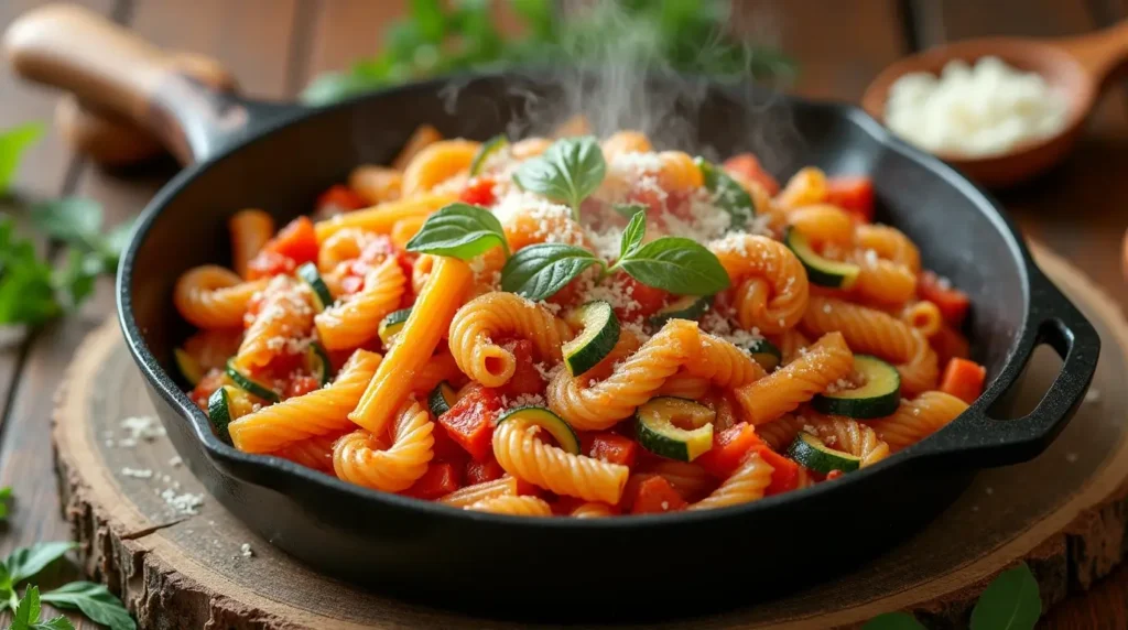 A hearty dish of one-pot wagon wheel pasta mixed with colorful vegetables like zucchini, bell peppers, and carrots, served in a rustic skillet with Parmesan cheese and fresh herbs on top.