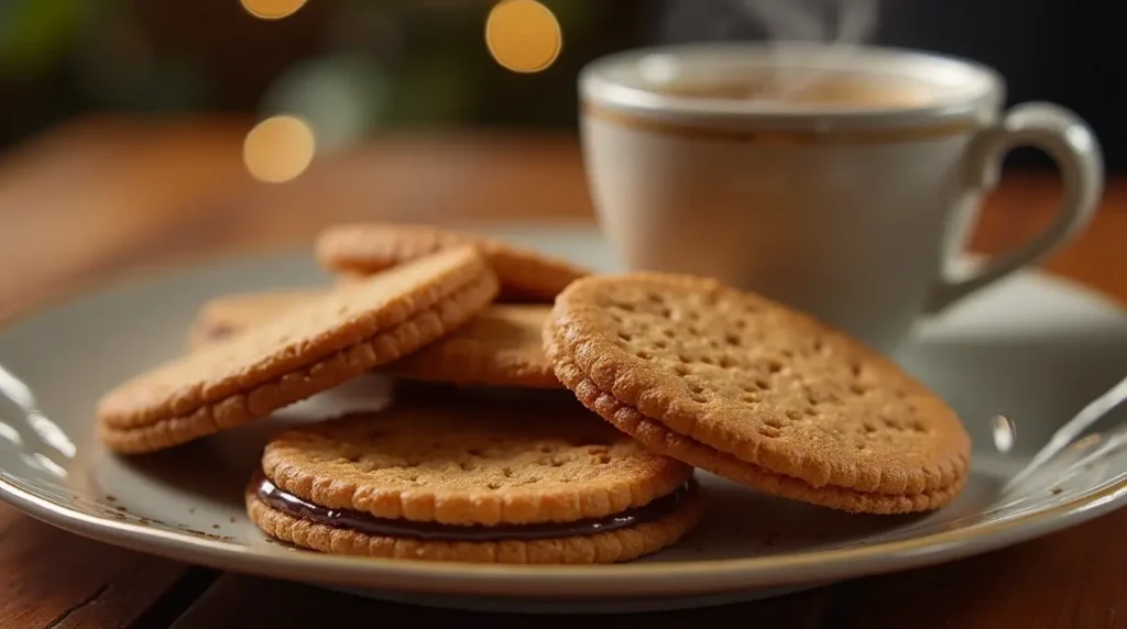 Plate of chocolate wafer cookies served with a cup of coffee, perfect for a cozy treat.