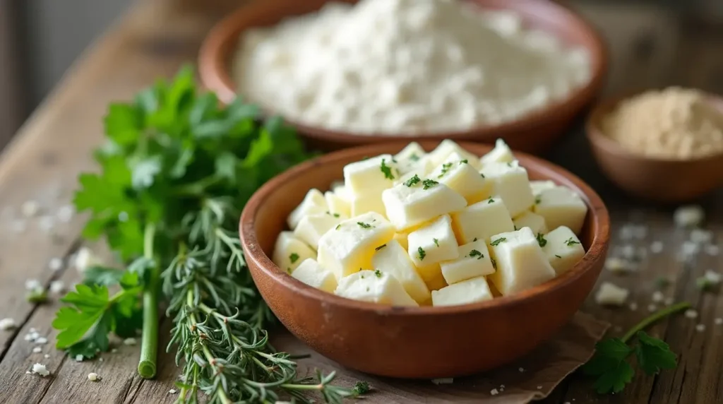 Main ingredients for cottage cheese flatbread: cottage cheese, flour, and fresh herbs.