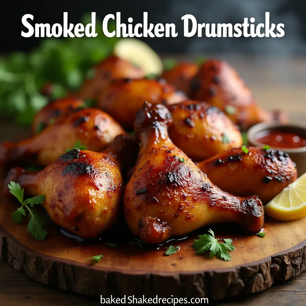 Golden-brown smoked chicken drumsticks on a wooden platter, garnished with fresh parsley and lemon wedges, with a small bowl of barbecue sauce and a smoky background.