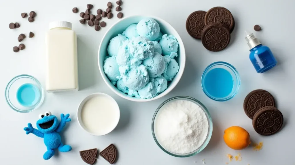 A bright flat-lay of ingredients for Cookie Monster Ice Cream, including blue ice cream, chocolate chip cookies, Oreos, blue food coloring, vanilla extract, sugar, and cream, on a white background.