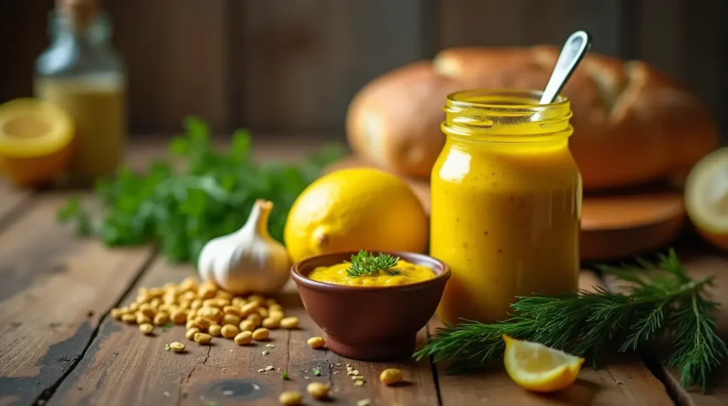 A jar of spicy mustard surrounded by mustard seeds, garlic, lemon slices, and fresh herbs on a wooden countertop.