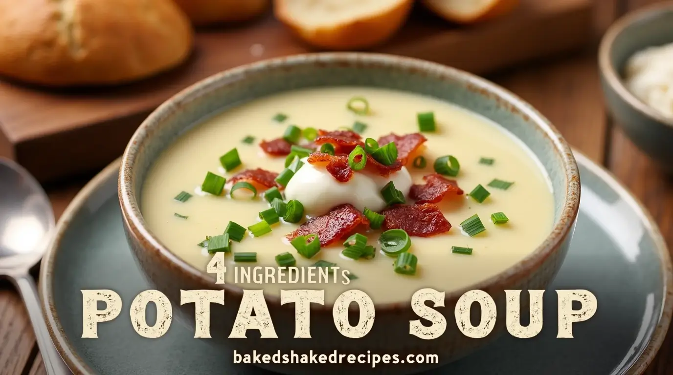 A creamy 4 ingredient potato soup garnished with chives, bacon bits, and sour cream, served in a rustic ceramic bowl on a wooden table.