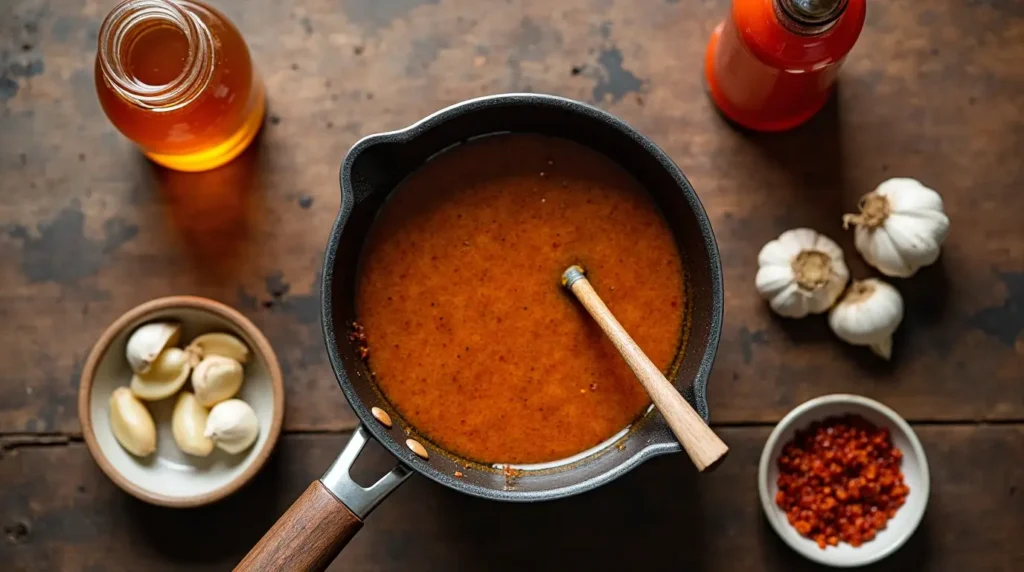 Main ingredients for hot honey sauce, including honey, hot sauce, garlic, chili flakes, and a saucepan.