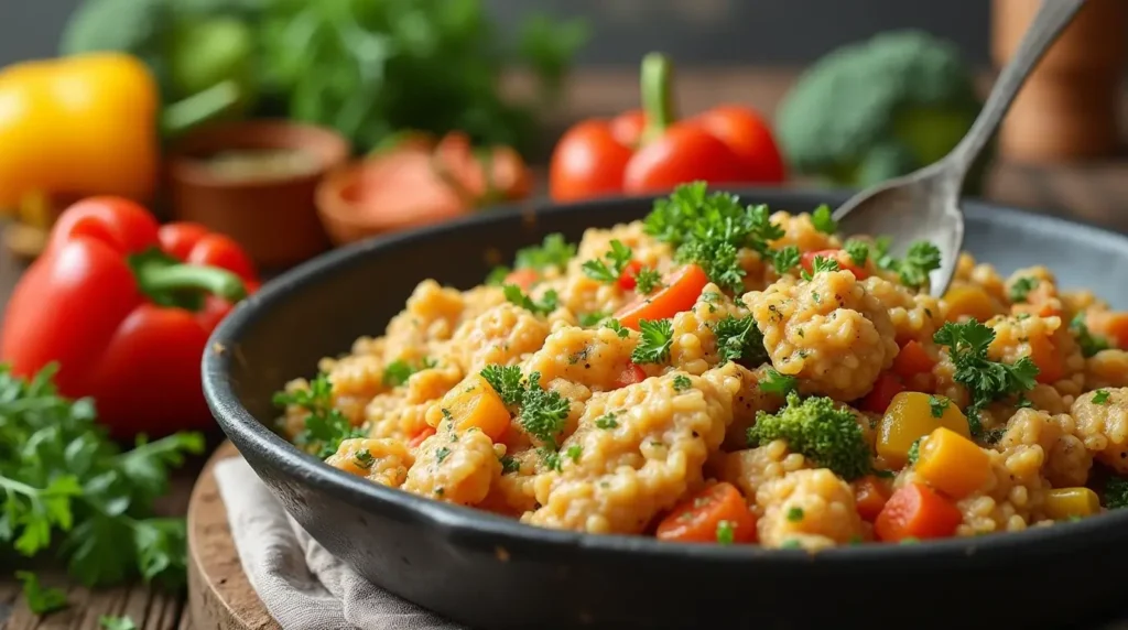Million Dollar Chicken Casserole: 5 Easy Steps for the Ultimate Recipe 4 Fresh vegetables and grains being mixed into a creamy chicken casserole in a rustic kitchen.