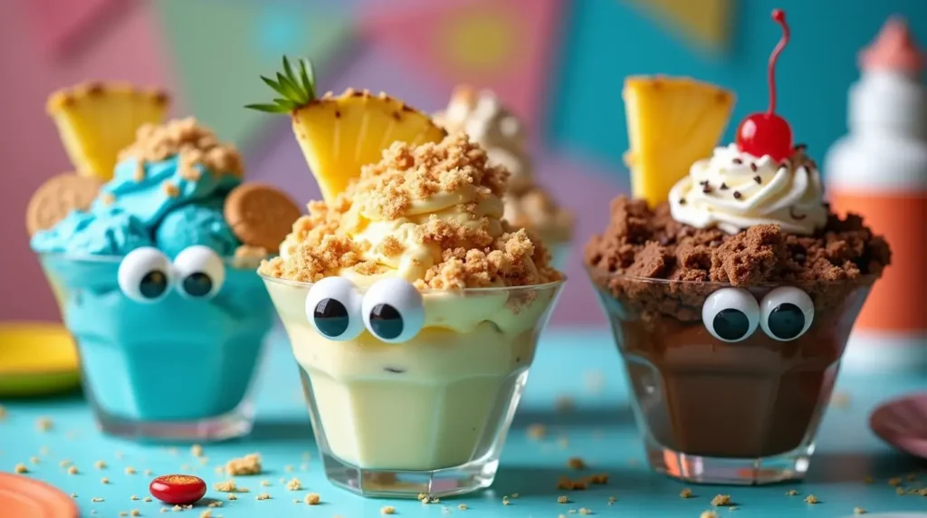 A table with colorful themed ice cream sundaes, including a Cookie Monster sundae with blue ice cream and cookie crumbles, a tropical sundae with pineapple and coconut, and a chocolate sundae with brownie chunks and fudge drizzle.