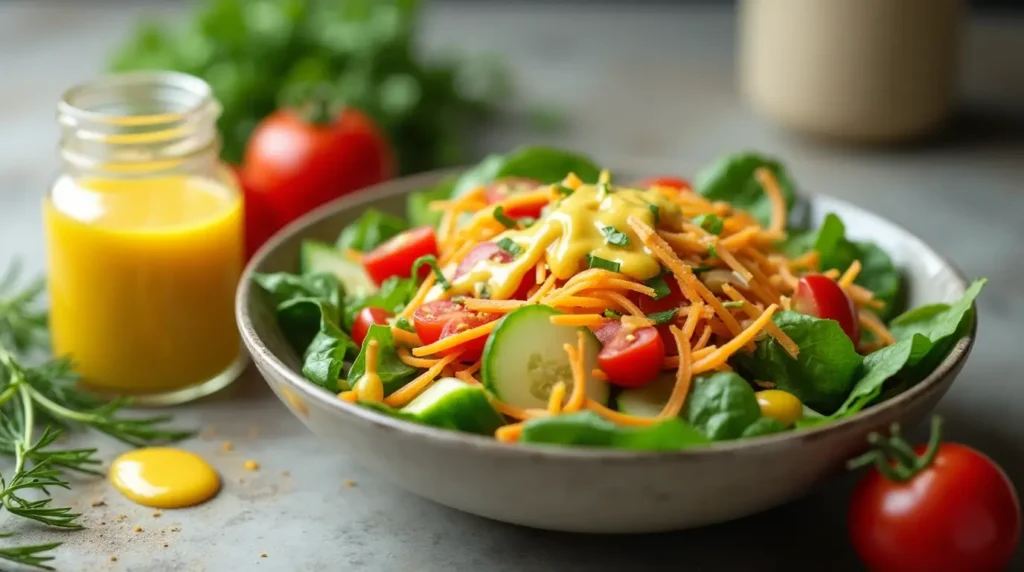 A colorful salad with fresh vegetables and a drizzle of spicy mustard dressing in a white bowl, surrounded by a jar of mustard and fresh ingredients on a kitchen counter.