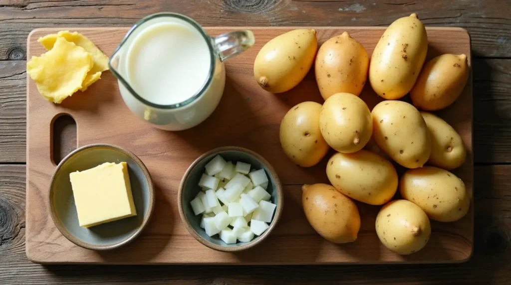 Ingredients for 4 ingredient potato soup, including peeled potatoes, milk, butter, and chopped onions, displayed on a rustic wooden table.