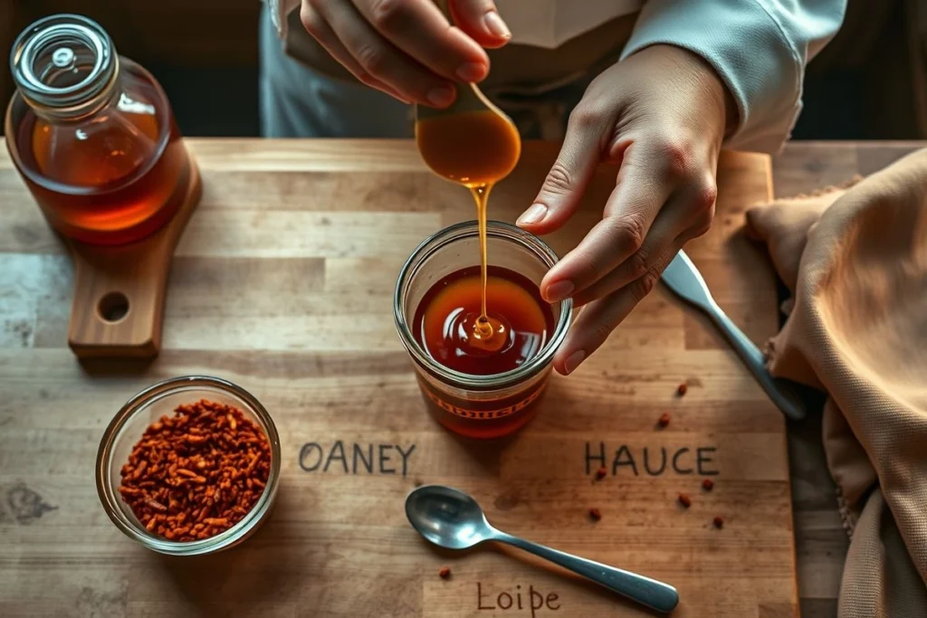 A chef preparing hot honey sauce by mixing honey and chili flakes in a bowl