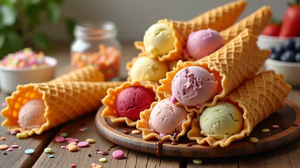 Freshly made waffle cones and bowls displayed on a wooden table, some filled with ice cream and others empty, with sprinkles, fruits, and chocolate syrup in the background.