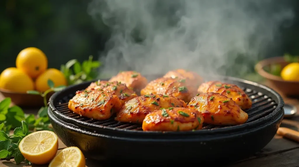 Grilled chicken marinated in spicy mustard glaze on an outdoor grill with smoke rising, surrounded by fresh herbs and lemon slices.