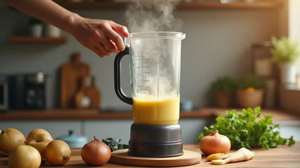 Person blending creamy potato soup in a blender with fresh ingredients on the countertop in a cozy kitchen.