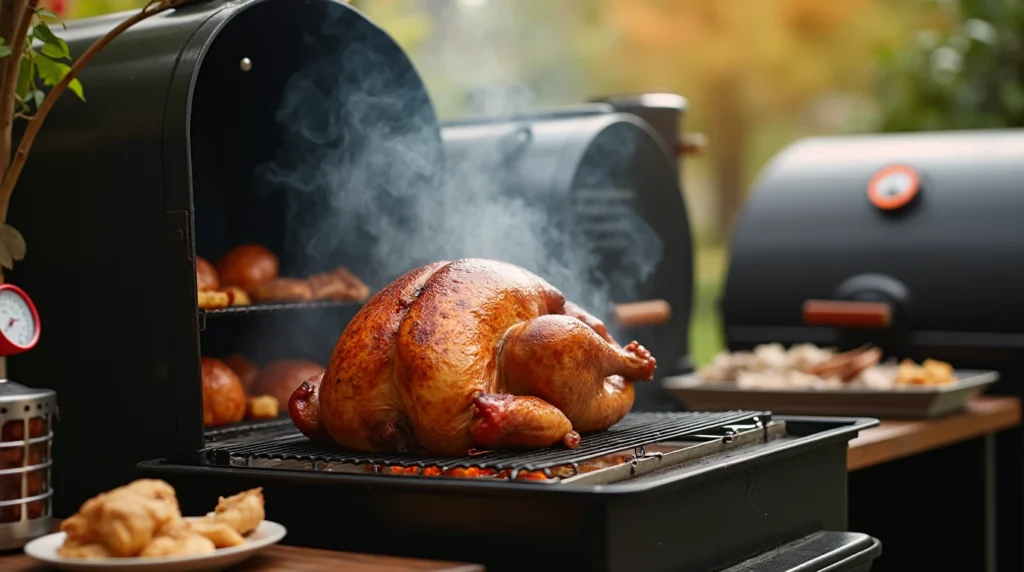 A variety of smokers, including pellet and charcoal models, with a smoked turkey breast cooking on one of them, surrounded by wood chips and barbecue tools in a backyard setting.