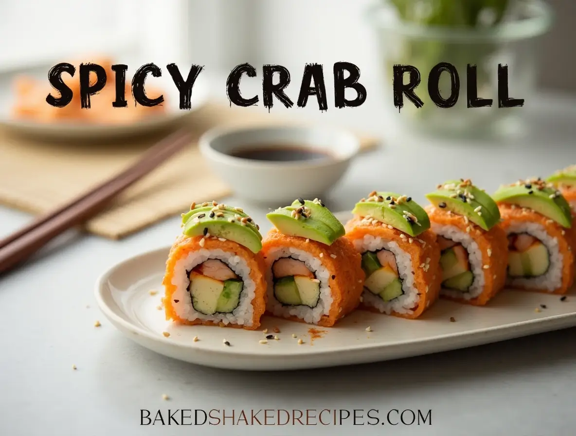 Close-up of a spicy crab roll garnished with sesame seeds, avocado slices, and spicy mayo, served on a ceramic plate with chopsticks and soy sauce in the background.