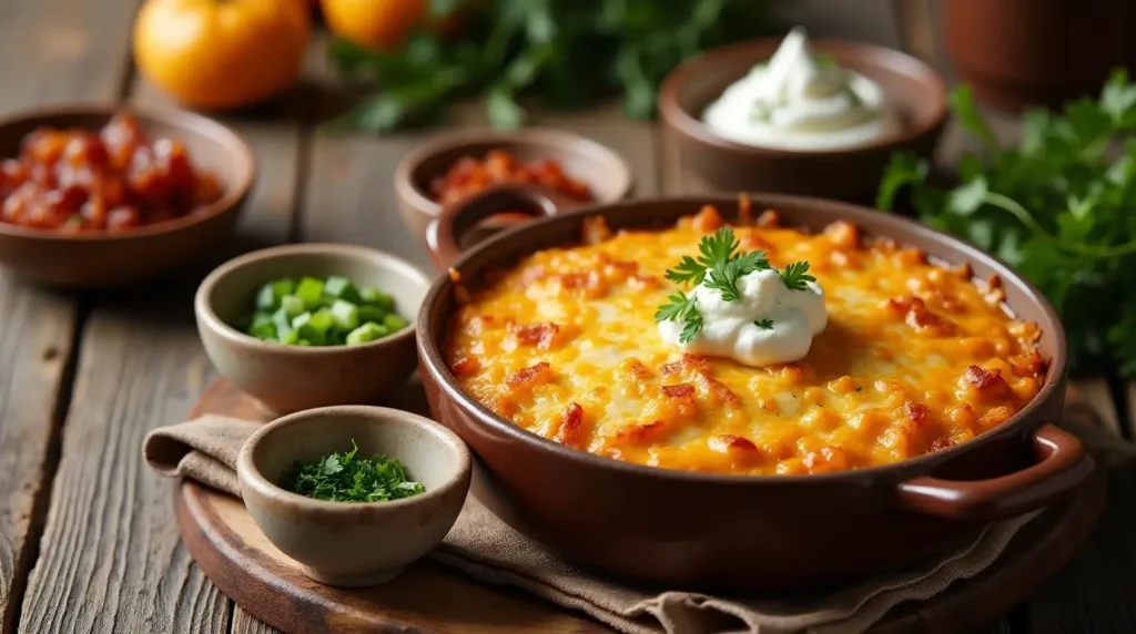 A golden casserole topped with melted cheese, surrounded by bowls of toppings including crispy bacon, green onions, parsley, and sour cream, set on a rustic wooden table.