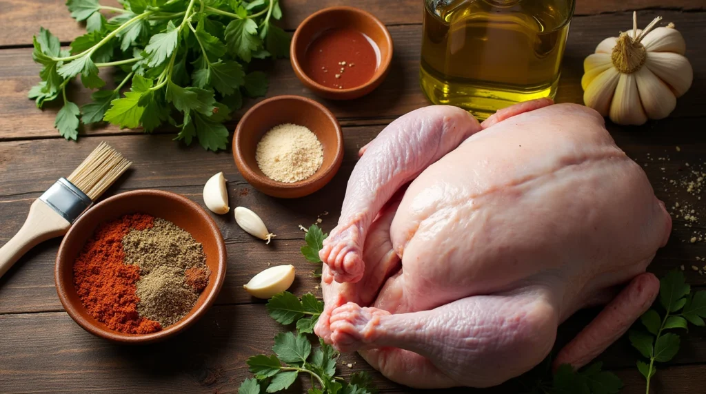 Overhead view of a turkey breast surrounded by dry rub spices, fresh herbs, and marinade ingredients on a wooden table.