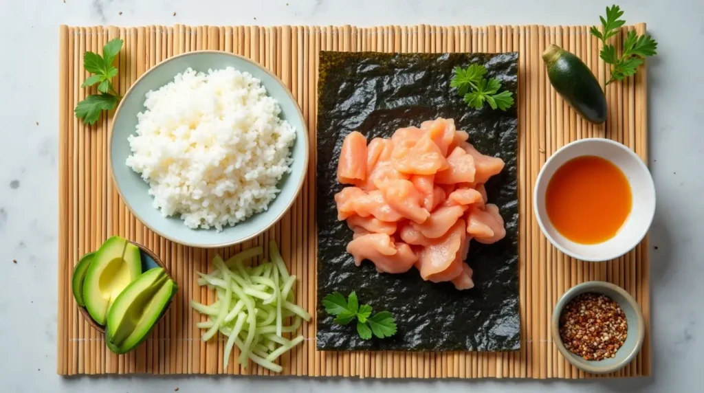 Key ingredients for a spicy crab roll, including crab meat, sushi rice, nori, avocado, cucumber, spicy mayo, and sesame seeds, arranged on a bamboo mat.