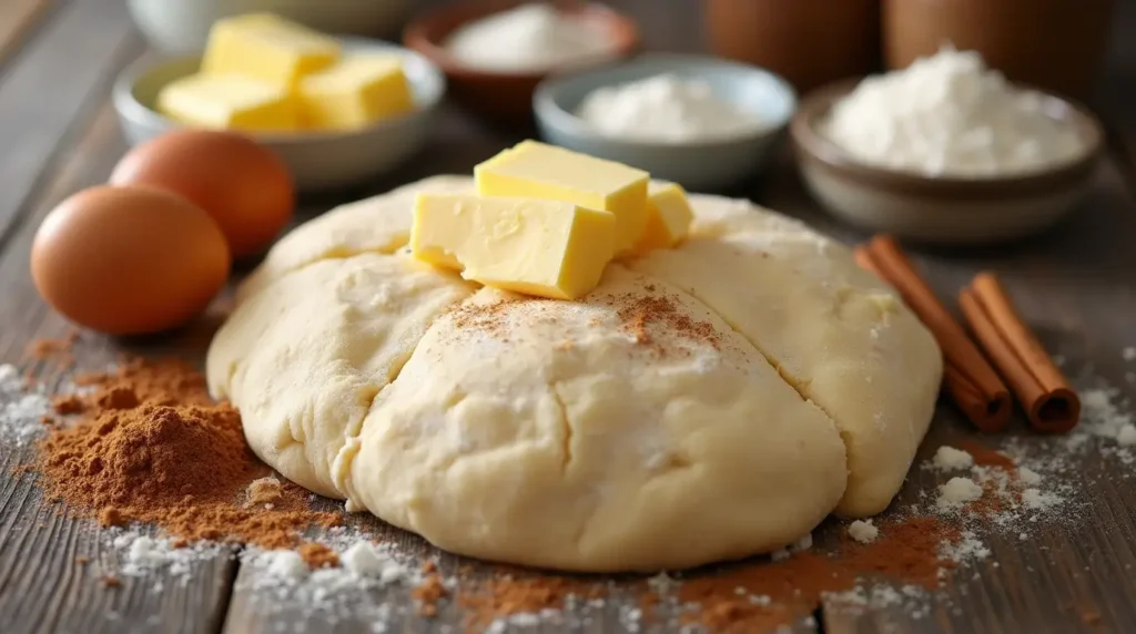 Main components of cinnamon danish dough: flour, butter, sugar, eggs, yeast, and cinnamon laid out on a wooden surface.