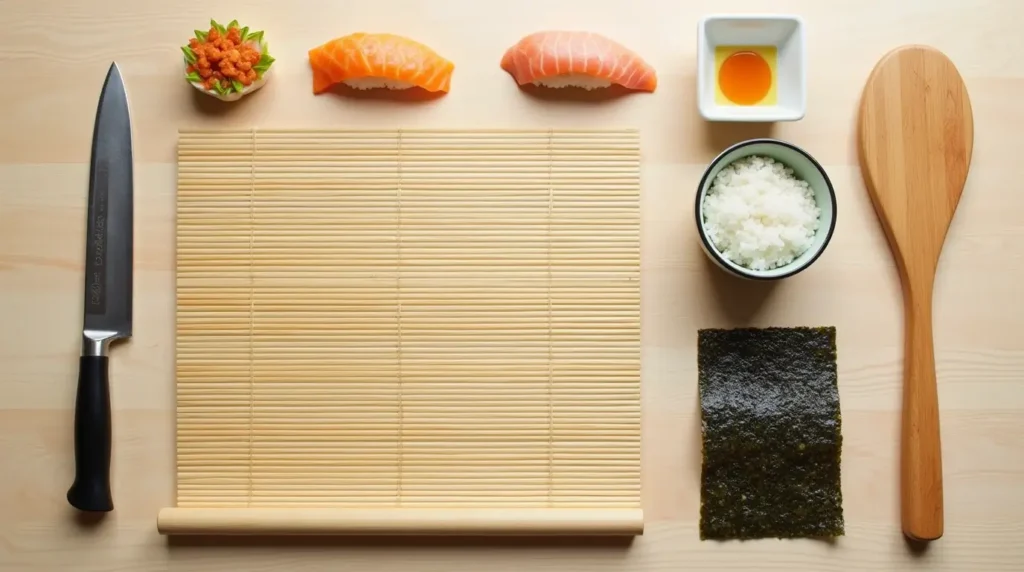 Flat lay of essential tools and ingredients for making spicy crab roll, including a bamboo mat, sushi knife, rice paddle, nori sheets, and crab meat on a wooden surface.