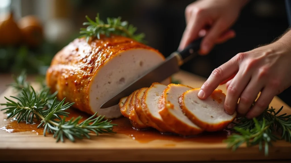  A cooked turkey breast resting on a wooden cutting board, being sliced by a chef, with herbs and a kitchen setting in the background.