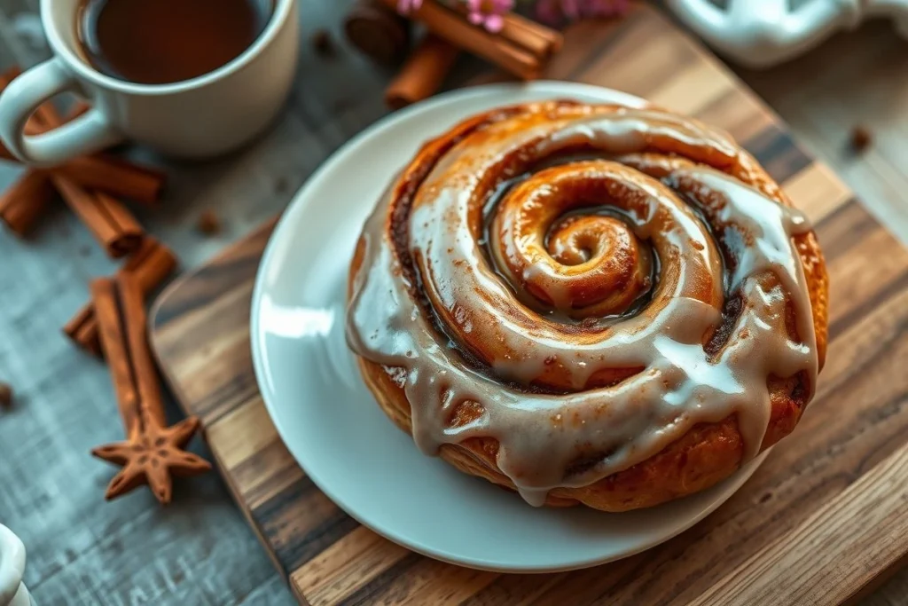 A beautifully baked cinnamon Danish on a wooden cutting board, surrounded by coffee and cinnamon sticks