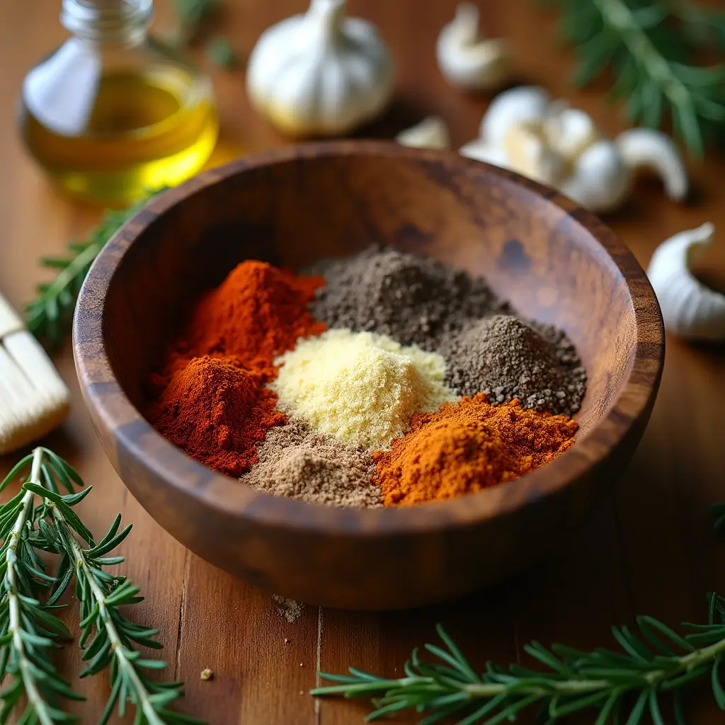 Close-up of a wooden bowl filled with spices and herbs for making the perfect dry rub or marinade, surrounded by fresh rosemary, garlic, olive oil, and a basting brush.