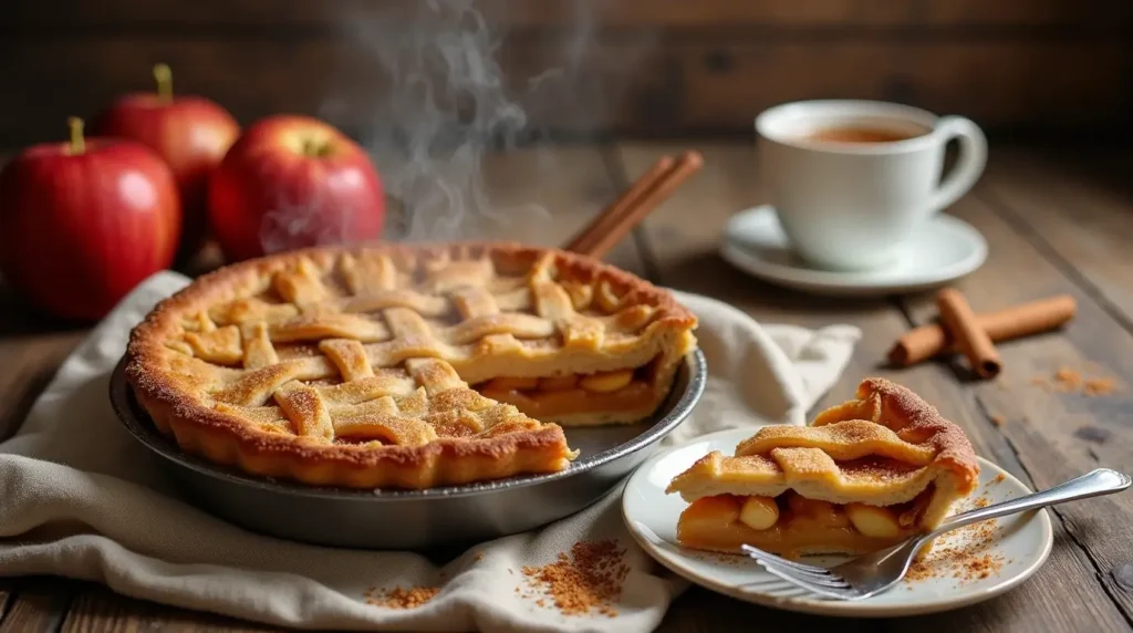 Freshly baked apple pie with a golden lattice crust, cinnamon sticks, apples, and brown sugar on a wooden table.