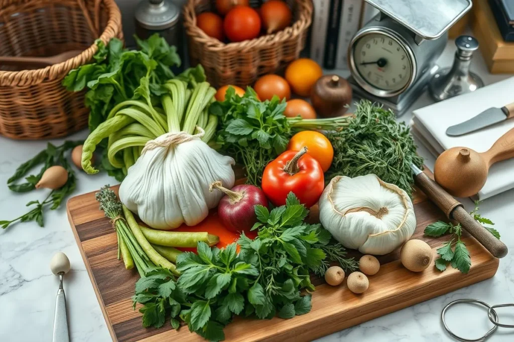 Photo of ingredients and cooking equipment on a kitchen counter